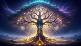Arbre de vie au éclat mystique, empreint d'une énergie lumineuse magique, dans un paysage éthéré
