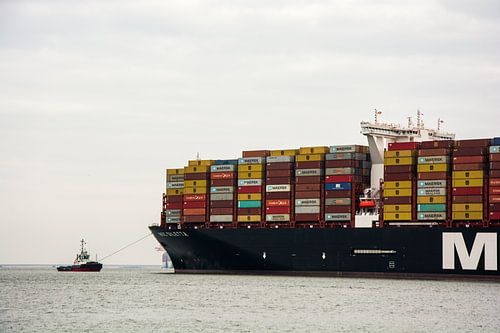 Sleepboot assisteert de MSC Diletta naar haar ligplaats op de Maasvlakte.