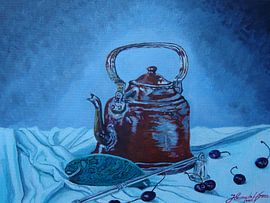 Oude theeketel met kersen by henry de haan