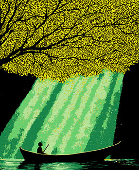 Fischer unter dem mondbeschienenen Baum – Illustration „Nacht am Fluss“