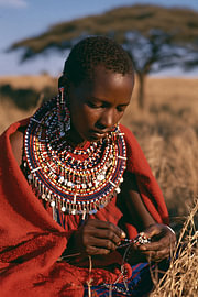 Kodachrome style: Maasai woman wearing beaded jewellery in Kenya