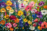Kleurrijk schilderij van bloemenweide