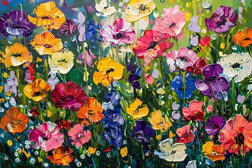 Kleurrijk schilderij van bloemenweide