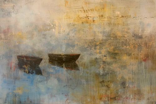 Abstract, schilderij, landschap met boten
