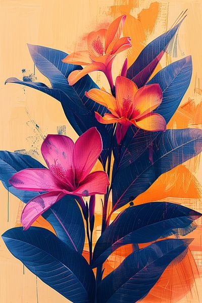 Modern Kunst: Exotische Bloemen in Blauw en Oranje van Art & Soul Creations