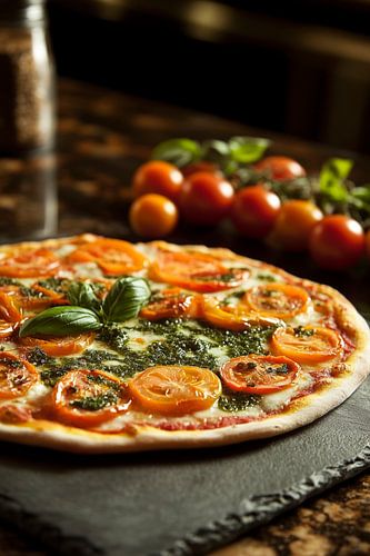 Pizza met verse tomaten op zwarte steen