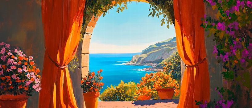Vue méditerranéenne avec des fleurs par Poster Art Shop