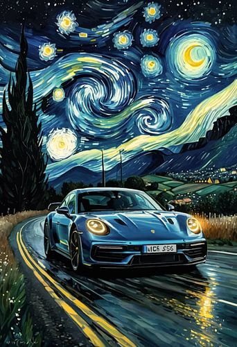 Porsche Taycan Sterrennacht Abstract schilderij – Elektrische prestaties Kosmische kunst
