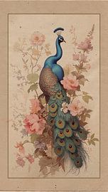 Japandi-Kunst. Eleganter Pfau zwischen zartrosa Blumen