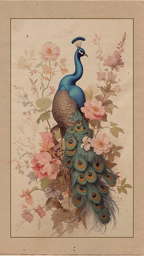 Japandi Art. Elegante Pauw Tussen Zachte Roze Bloemen van Studio Pieternel