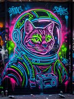 Graffiti mural Cosmic Neon Cat Astronaut Adorning a Dark Brick (chat astronaute au néon cosmique)