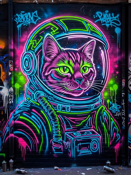 Graffiti mural Cosmic Neon Cat Astronaut Adorning a Dark Brick (chat astronaute au néon cosmique) par HASANUL FAUZIE
