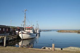 Fischerboote im Hafen bei klarem Himmel und ruhigem Wasser von Martin Köbsch