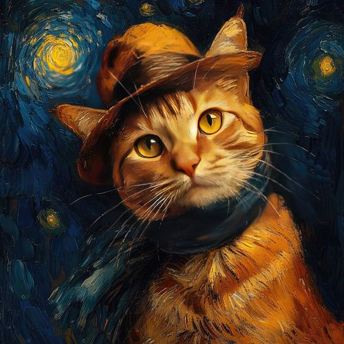 Posterprint van kat met hoed, geïnspireerd op van Gogh