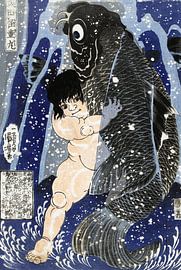 Utagawa Kuniyoshi – Kintaro Wrestling with Carp (1834–1838) by Timeless Artworks