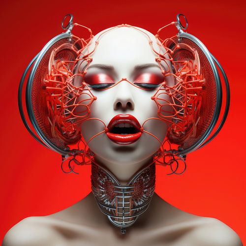 Digital created very beautiful sexy woman with bizarre fetish mask in high fashion style