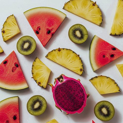 Tropical Fruit Medley Pattern: Vibrant Watermelon, Kiwi, Pineapple & Dragon Fruit