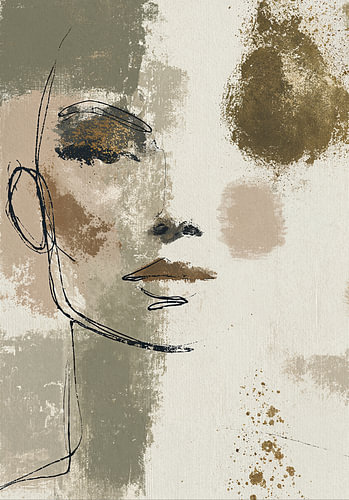Portrait féminin élégant, abstrait, dans des tons ocres