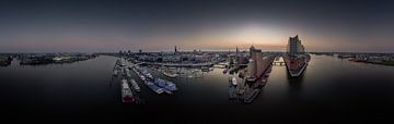 Groot panorama van de Elbphilharmonie en de Hafencity bij zonsopgang van Jonas Weinitschke