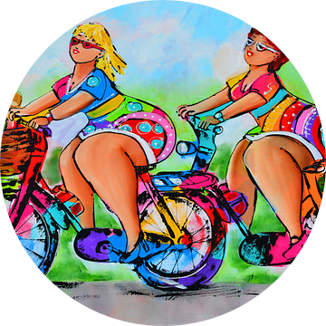 Dames op de fiets van Vrolijk Schilderij