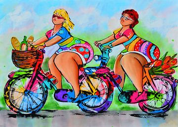 Dames op de fiets van Vrolijk Schilderij