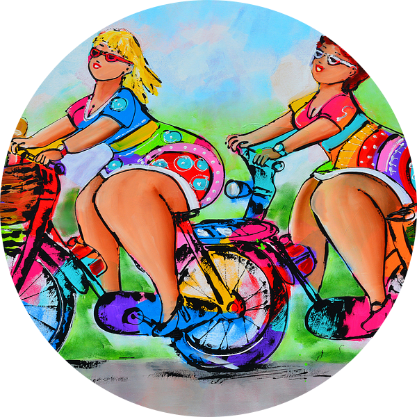 Dames op de fiets van Vrolijk Schilderij