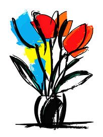 Colorful Tulip Bouquet Bold Black Line Modern Floral Art by Ramy Salah Hefny
