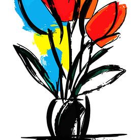 Colorful Tulip Bouquet Bold Black Line Modern Floral Art by Ramy Salah Hefny