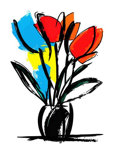 Kleurrijk tulpenboeket met opvallende zwarte lijnen: moderne bloemkunst
