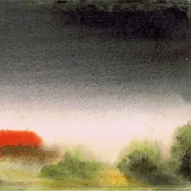 Landschaft mit Haus im Nebel / Gewitter - Aquarell gemalt von VK (Veit Kessler) von ADLER & Co / Caj Kessler