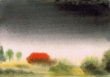 Landschap met huis in de mist / onweer - aquarel geschilderd door VK (Veit Kessler)