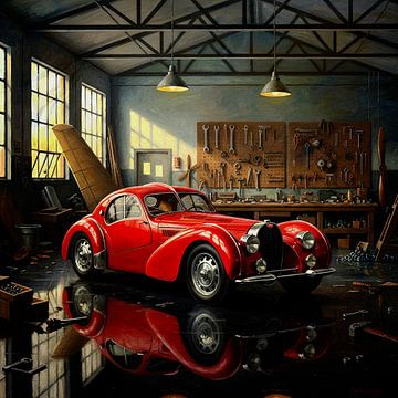 Bugatti rouge dans un atelier de peinture classique sur Jan Keteleer