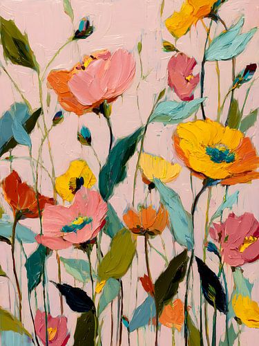 Peinture au pastel représentant un jardin de fleurs sauvages