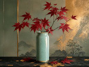 Stillleben mit japanischem Ahorn in einer mintgrünen Vase