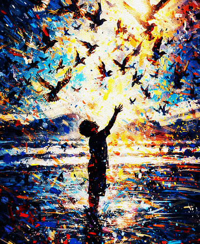 Reaching for Freedom – Child and Birds Symbolic Painting