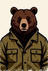 Robuster Grizzlybär in Vintage-Feldjacke – Wandbild im maskulinen „ & “-Lodge-Stil, Bär als Naturliebhaber