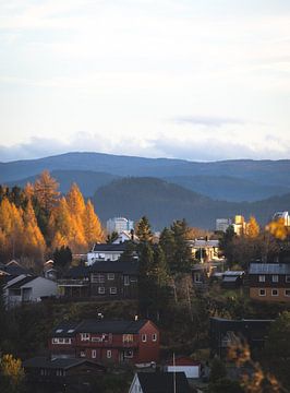 Buitenwijken van Trondheim omringt door bergen