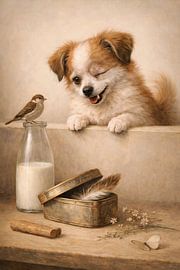 Ländlicher Hund mit Vogel in Beige von Kleurenrijk