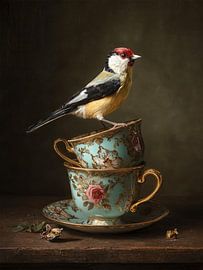 Oiseau sur des tasses vintage dans une ambiance chaleureuse
