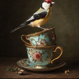 Vogel auf Vintage-Tassen in warmer Atmosphäre von But First Framing