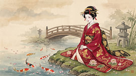 Eine purpurrote Geisha ruht sich neben einem Koiteich unter herbstlichen Blüten aus von my pixel art