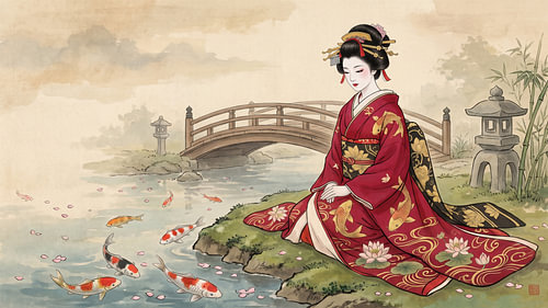 Crimson Geisha Resting Beside a Koi Pond Beneath Autumn Blossoms