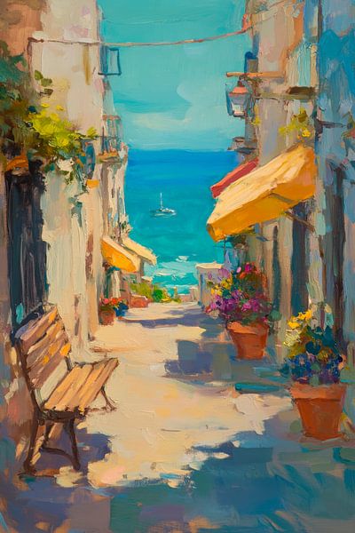 Colourful alley by the sea - Mediterranean and inviting by Poster Art Shop