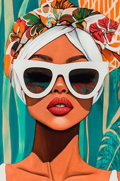 Femme élégante avec lunettes de soleil et turban sur Poster Art Shop