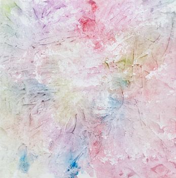 Fantasierijke aquarel met kleurvlekken en strepen in rood, blauw, paars