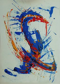Abstract schilderij, rood, oranje, blauw, geel van Joriali Abstract
