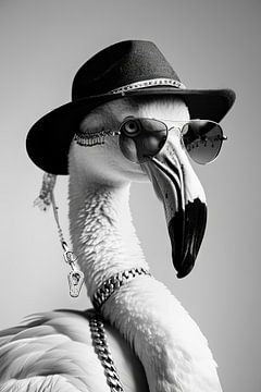 Stijlvolle flamingo met hoed en zonnebril in zwart en wit van Poster Art Shop