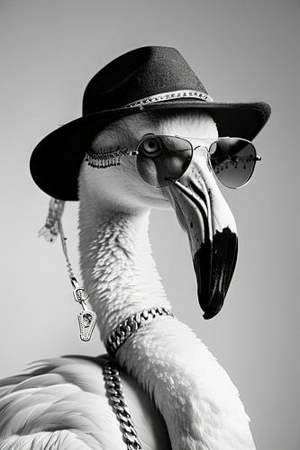 Flamant rose élégant avec chapeau et lunettes de soleil en noir et blanc