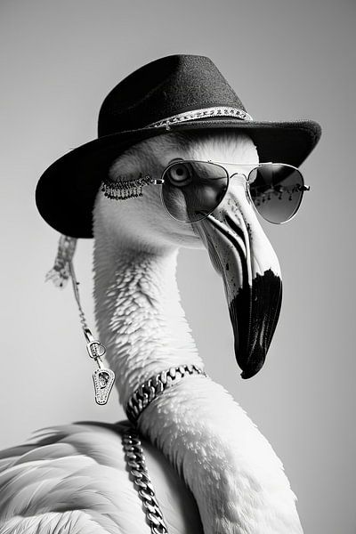 Stylish flamingo with hat and sunglasses in black and white by Poster Art Shop