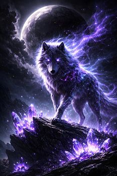 Kunstwerk ‘Purple Celestial Wolf’ – ‘Ethereal Moon’ & Amethistkristal-decoratie